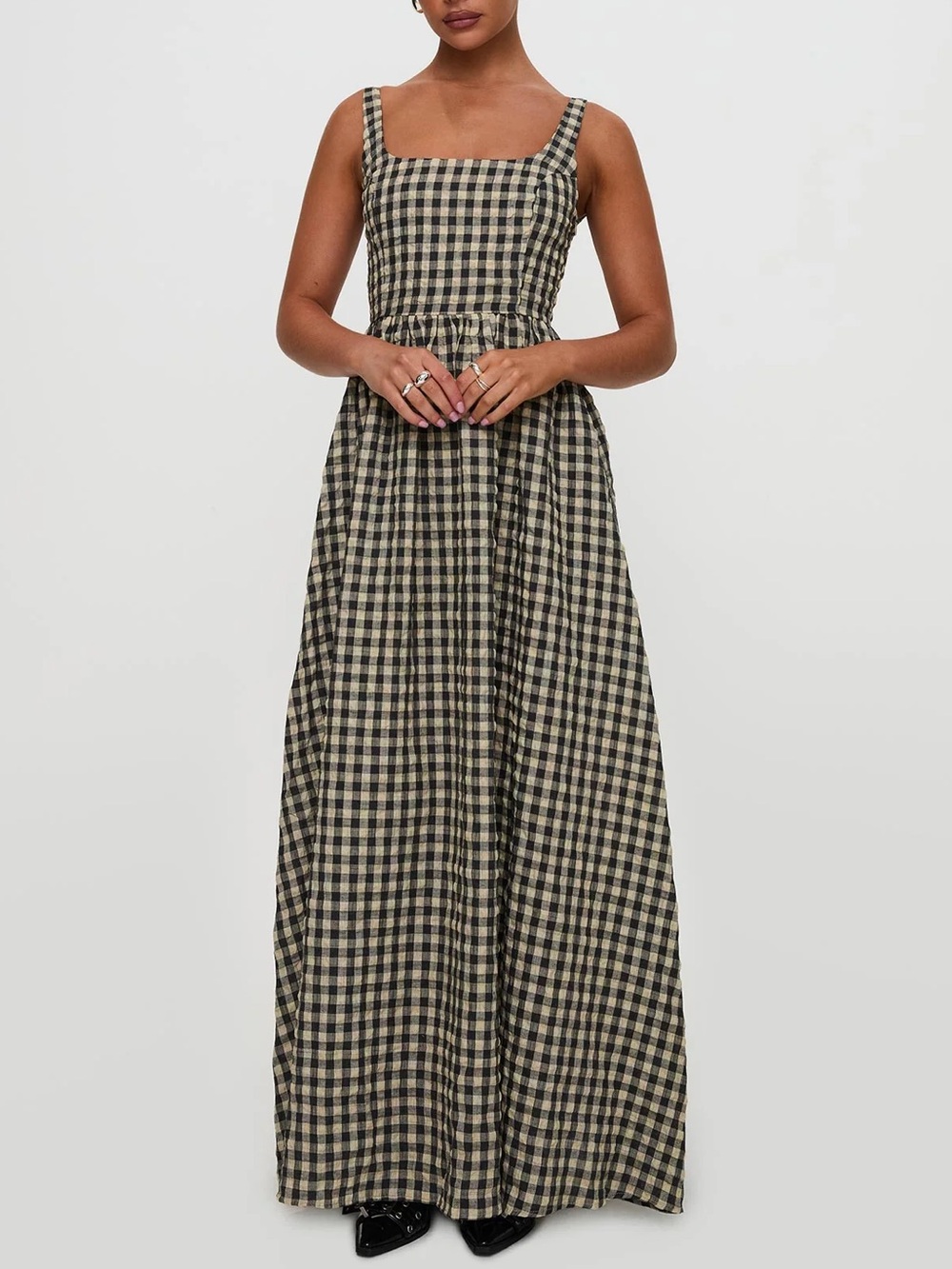 Princess Polly Cartmel Check Maxi Dress Black Cream